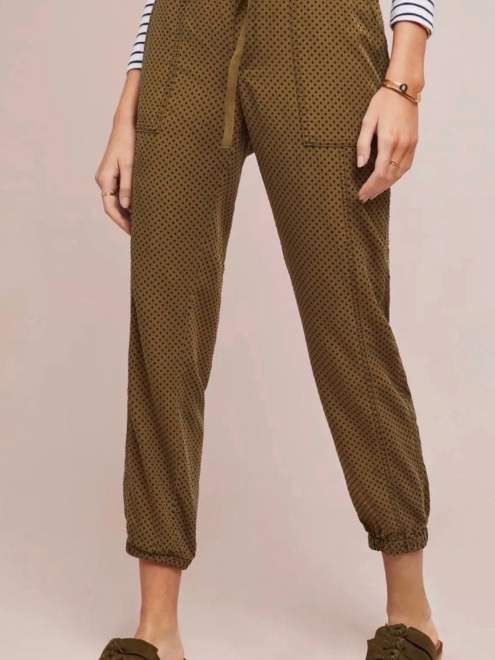 Anthropologie Olive Green Polka Dot Jogger Pants Womens Size XS